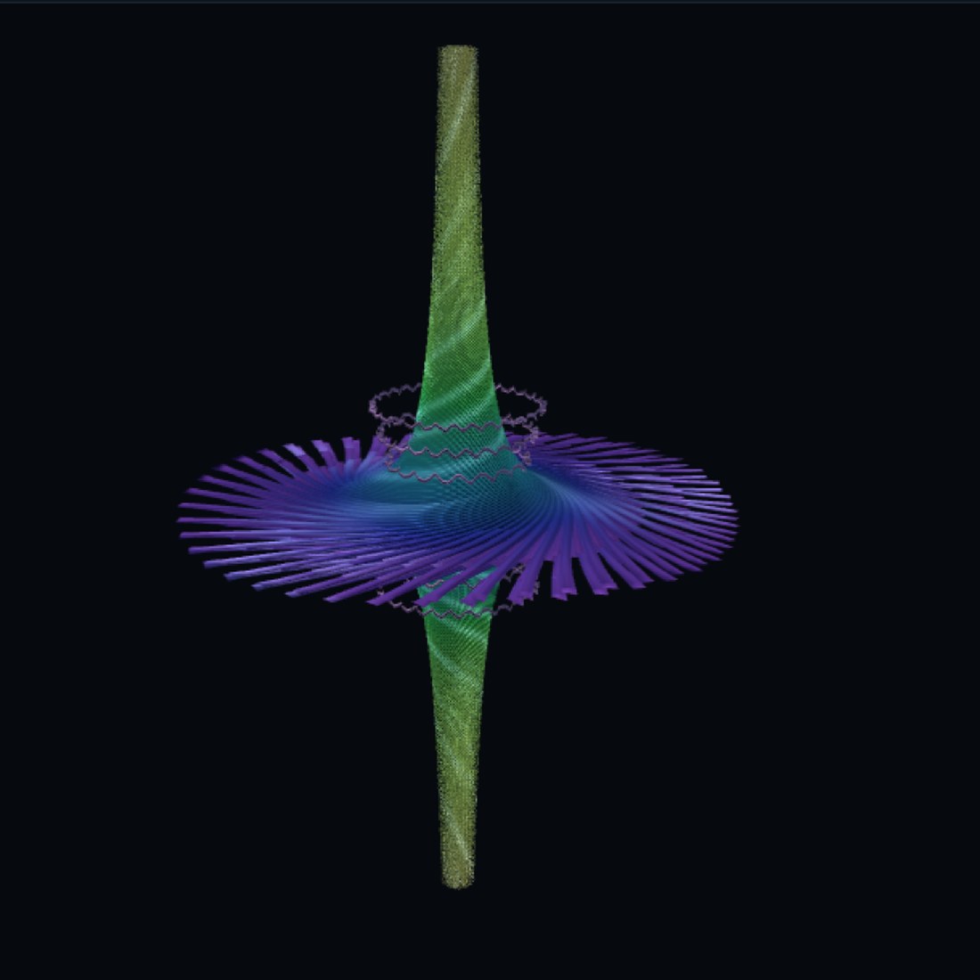 Fluid simulation rendered as fine filament streamlines forming a rotating needle through a disc