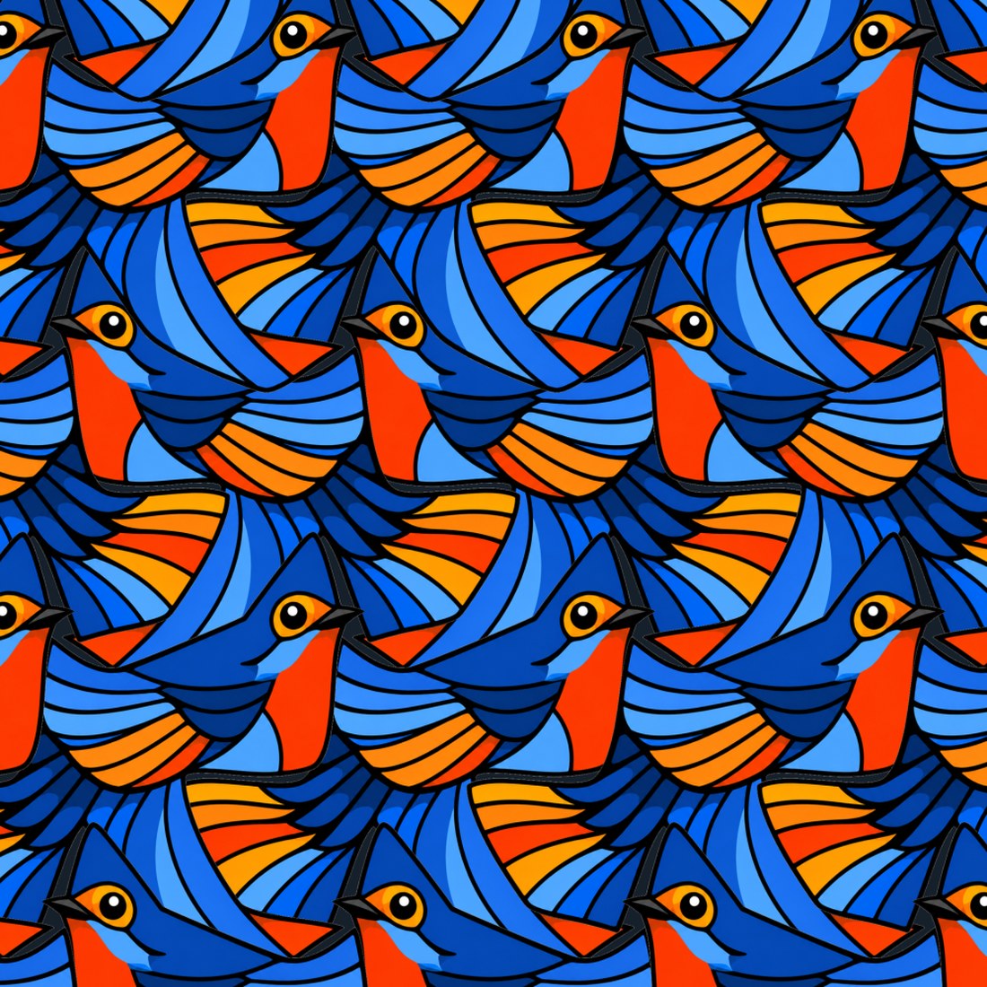 Interlocking bird tessellation in blue and orange filling the plane with no gaps